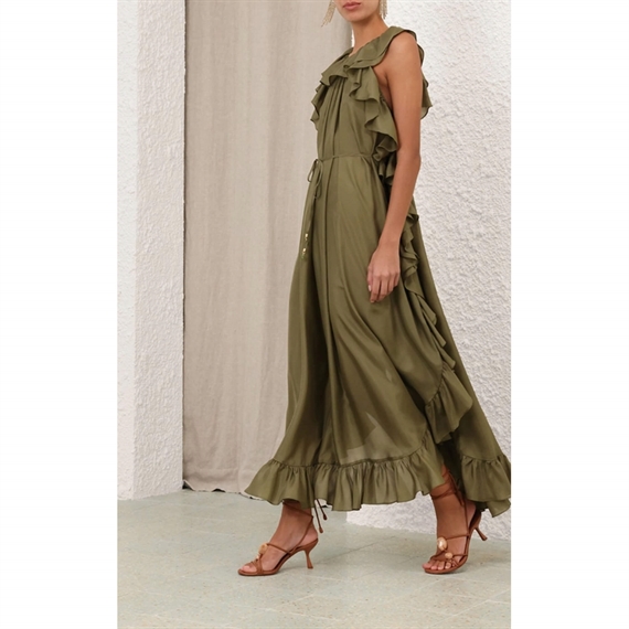 Zimmermann Cascadian Ruffle Midi Kjole, Olive 